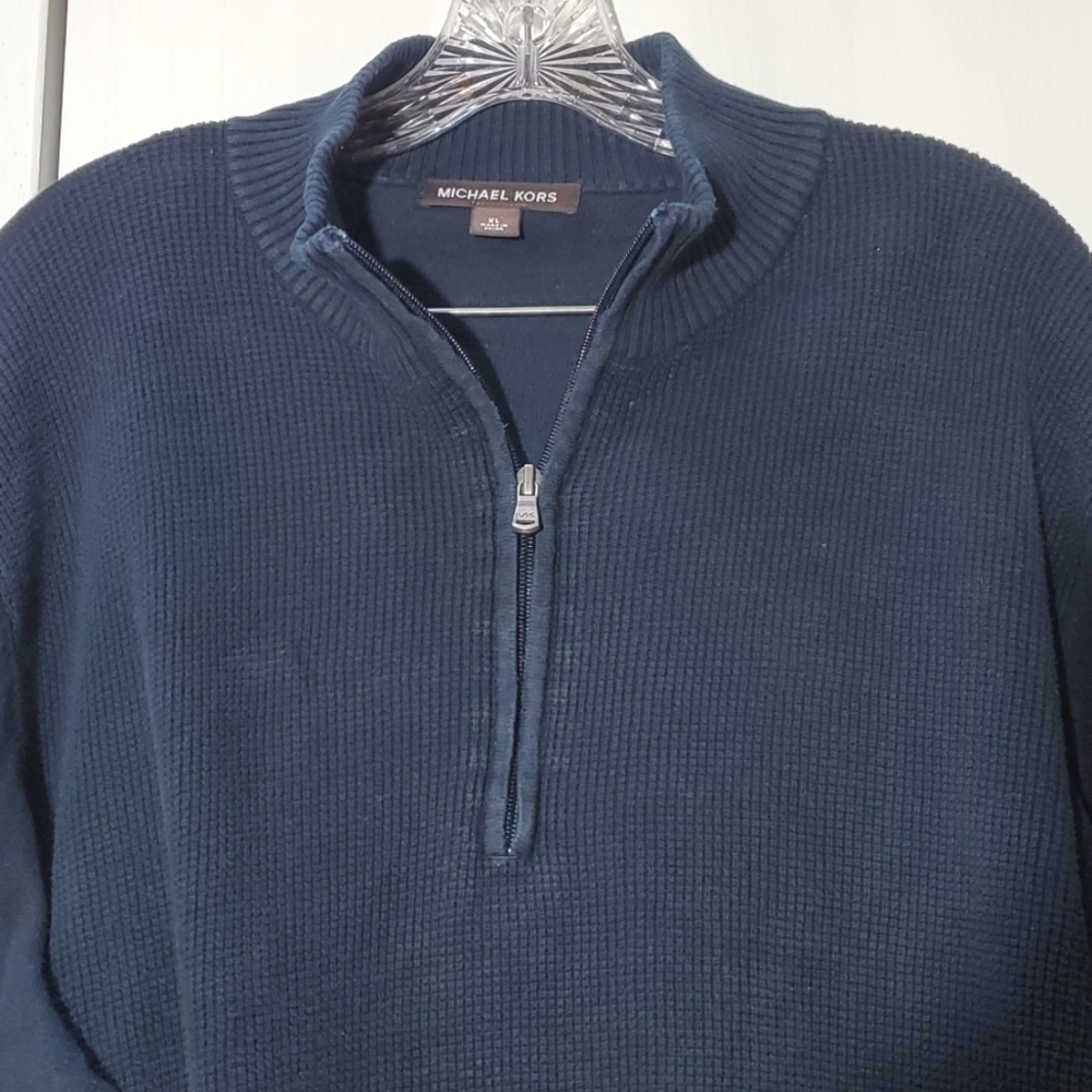 Michael Kors|Mens Navy Quarter Zip Sweater Preppy Silver Logo Sz.XL
